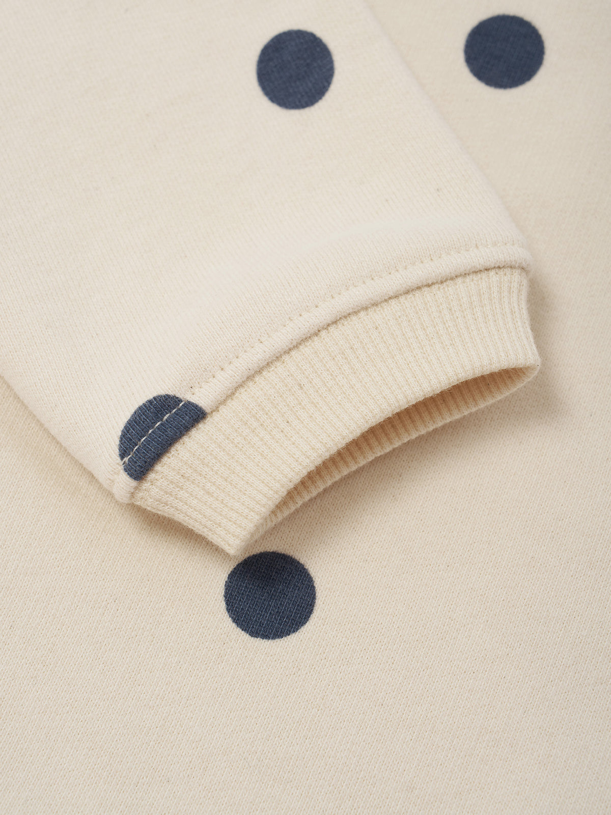 Close-up of a cream-colored knit garment with dark navy blue polka dots and a ribbed cuff.