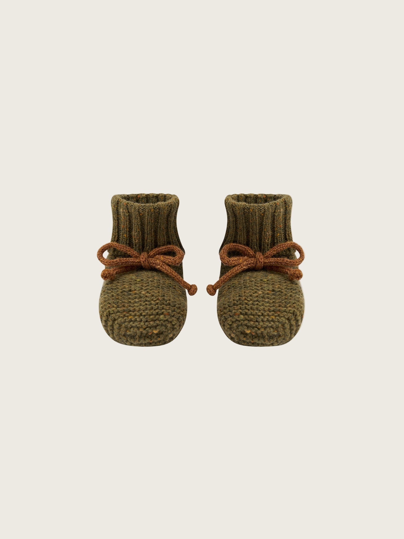baby and toddler wool booties in forest green with ribbed cuffs and brown ribbons