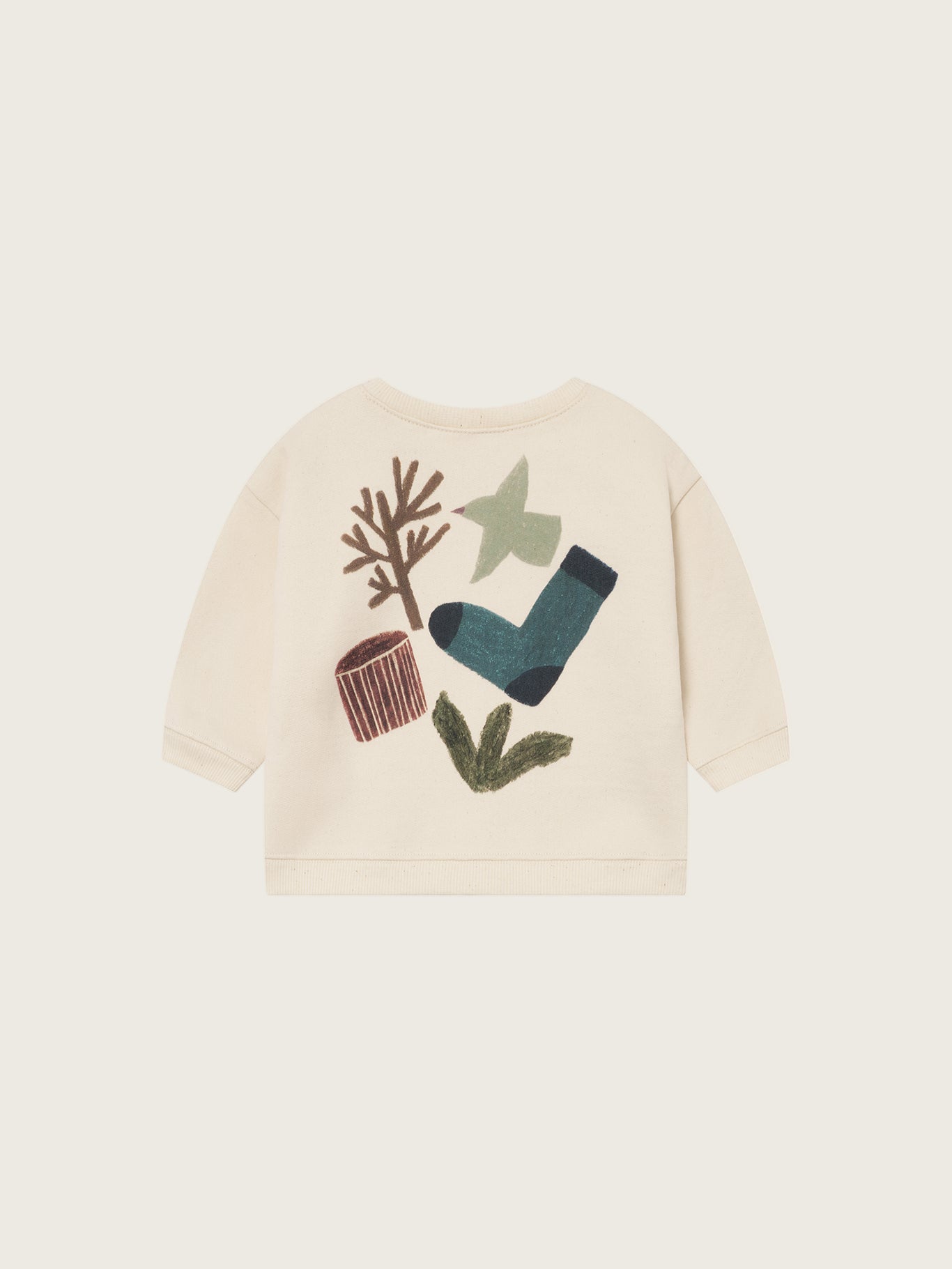 baby cream undyed cotton sweatshirt with nature-themed hand-drawn illustration on the back