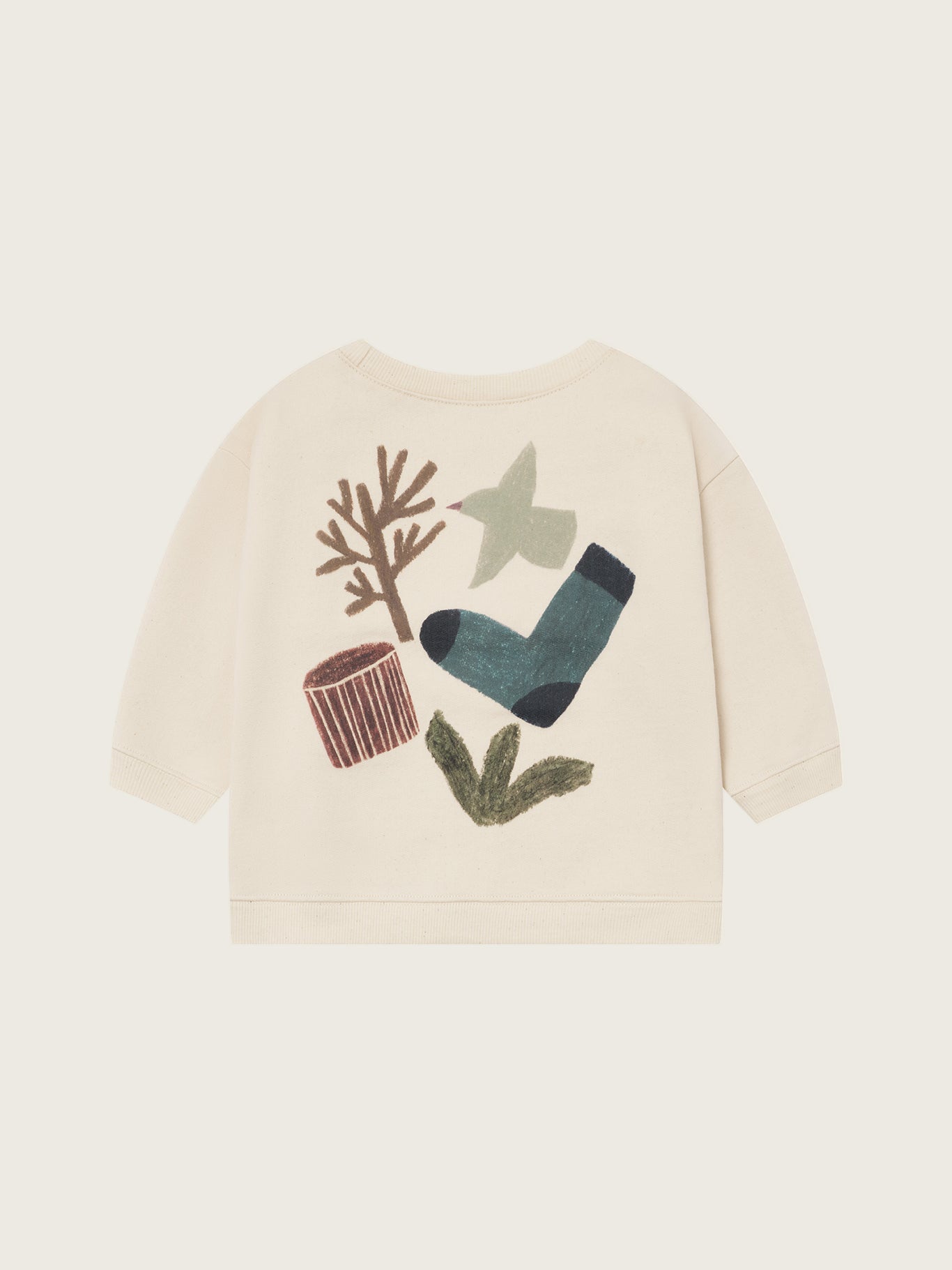 toddler cream undyed cotton sweatshirt with nature-themed hand-drawn illustration on the back