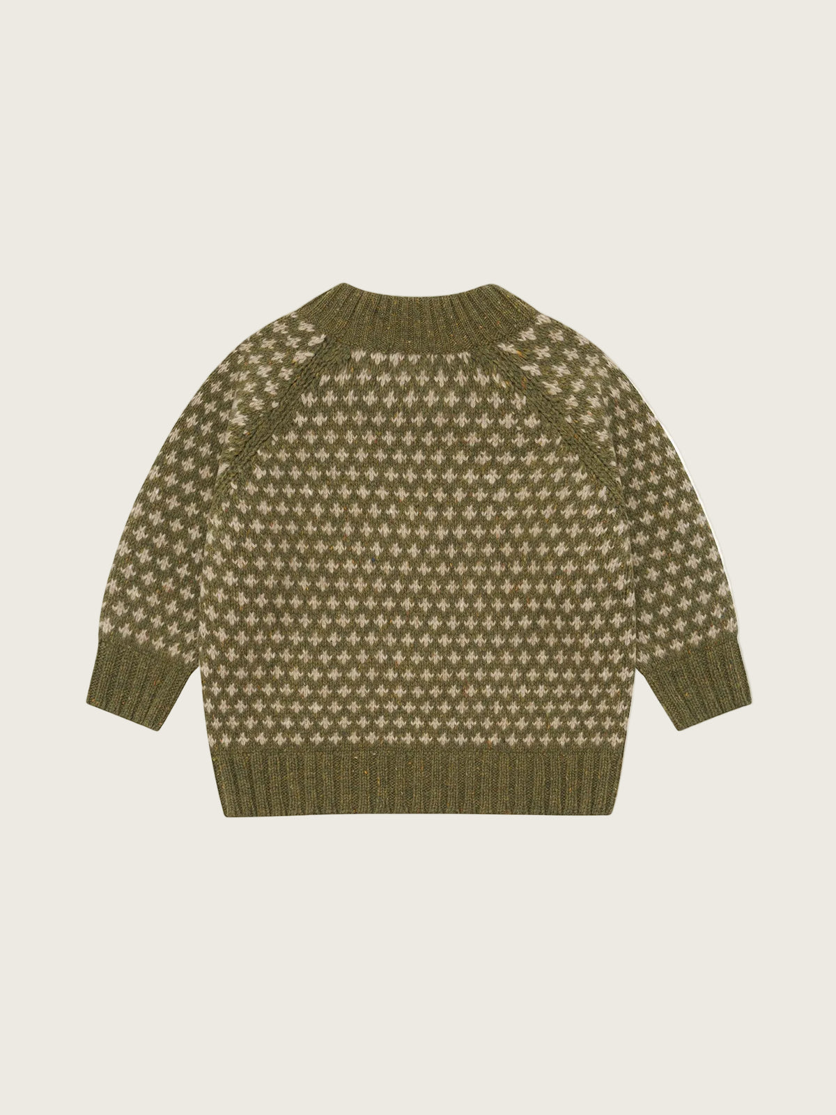 A knit long-sleeve sweater shown from the back, featuring a repeating geometric star pattern in olive green and beige, with solid ribbed cuffs, collar, and hem.