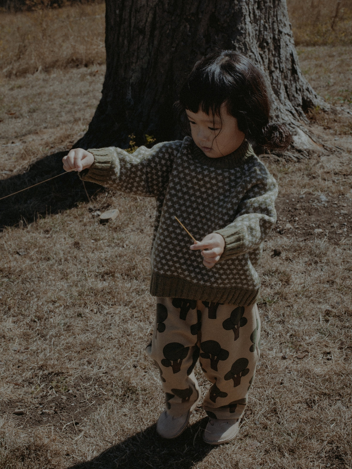 A toddler standing outdoors in a dry grassy field near a large tree trunk, wearing a dark green and beige patterned knit sweater and beige pants with black mushroom prints.
