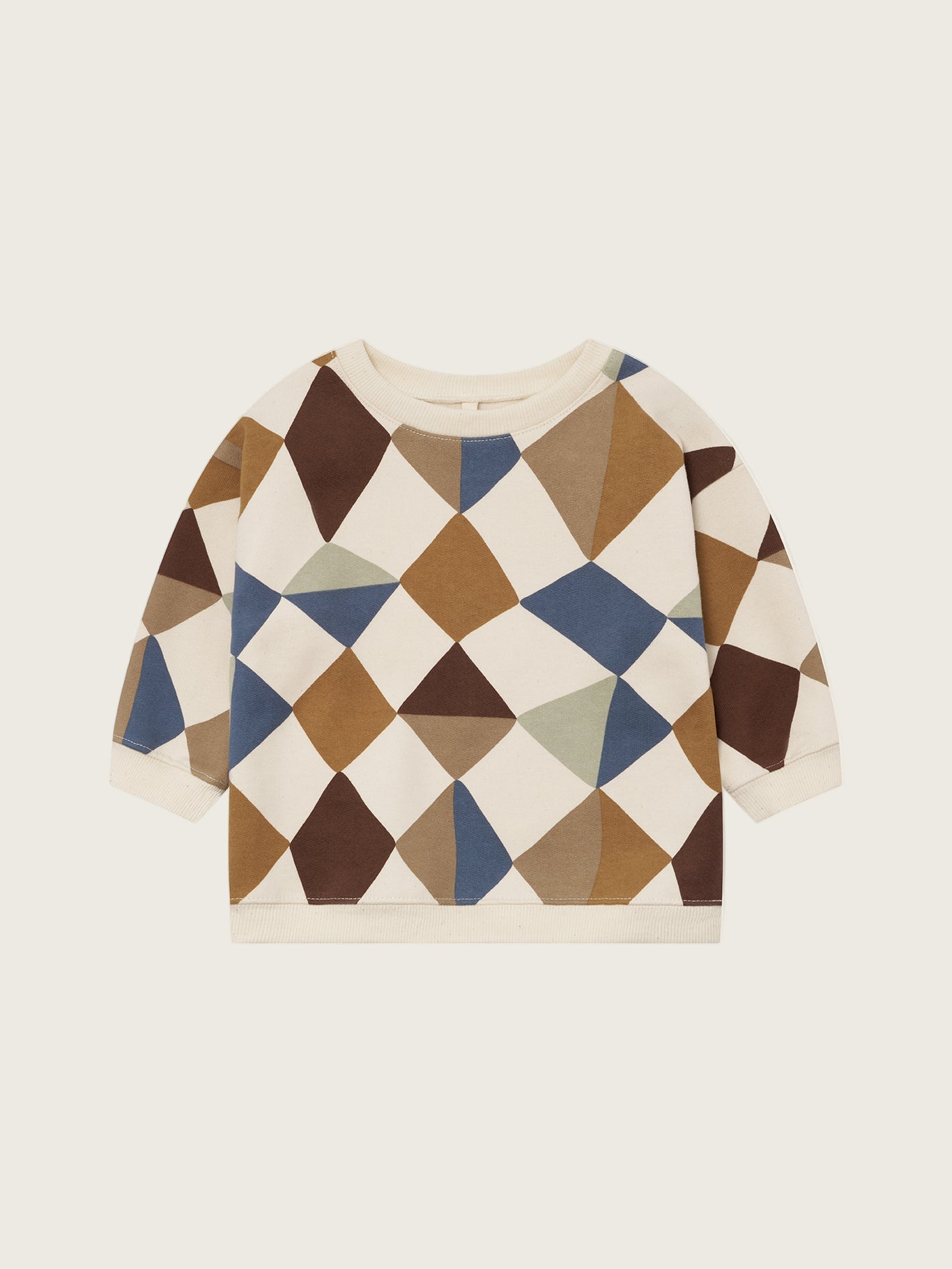 toddler cream undyed cotton sweatshirt with multicolour geometric patchwork diamond print