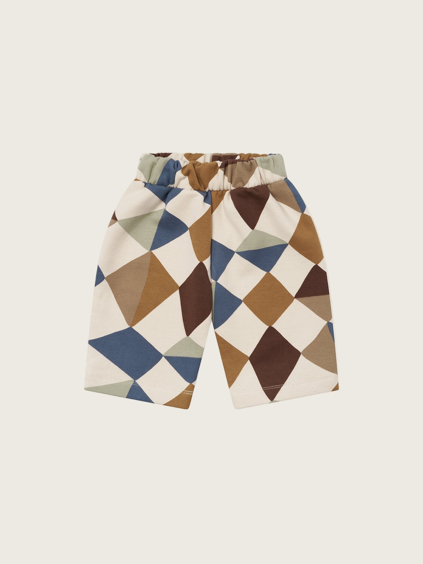 baby and toddler cream undyed cotton pants with multicolour geometric patchwork diamond print