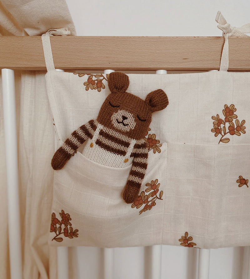 knitted teddy wool cuddly toy in stripes sweater & ecru overalls in cotton crib organiser pocket