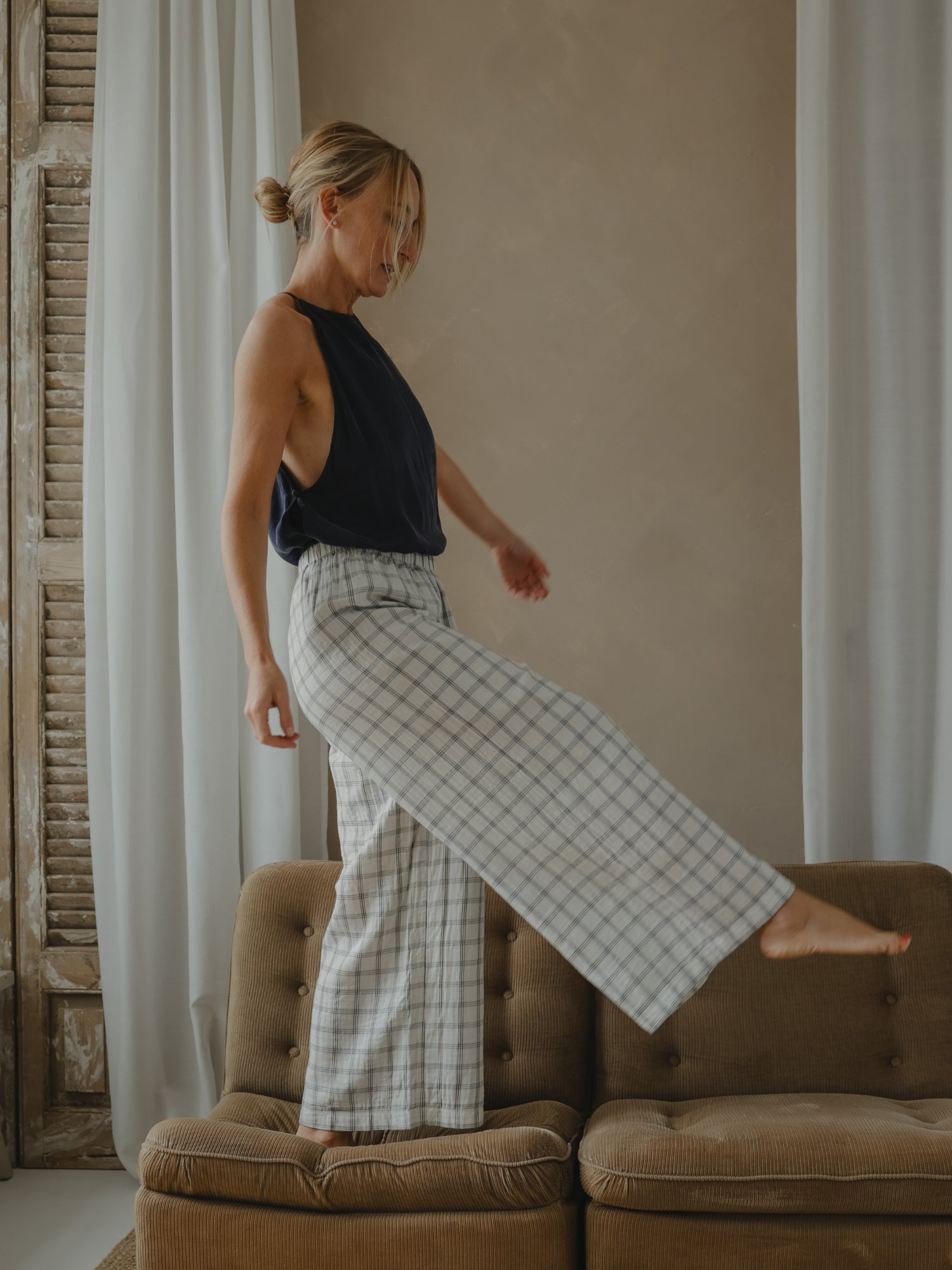 Women's Navy Window Check Wide Leg Pants | Organic Zoo