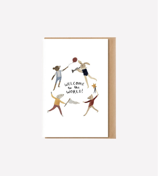 white A5 new baby greeting card with WELCOME TO THE WORLD & animals with balloon, trumpet, flag & wand