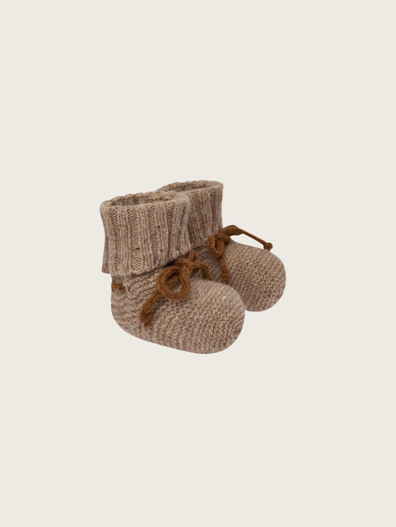 baby and toddler wool booties in oatmeal with ribbed cuffs and brown ribbons
