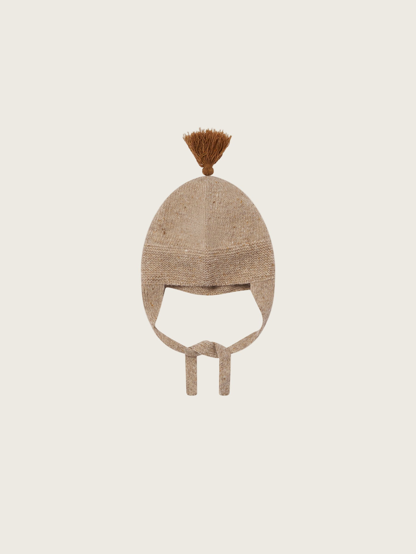 baby and toddler wool hat in oatmeal with brown tassel and chin tie