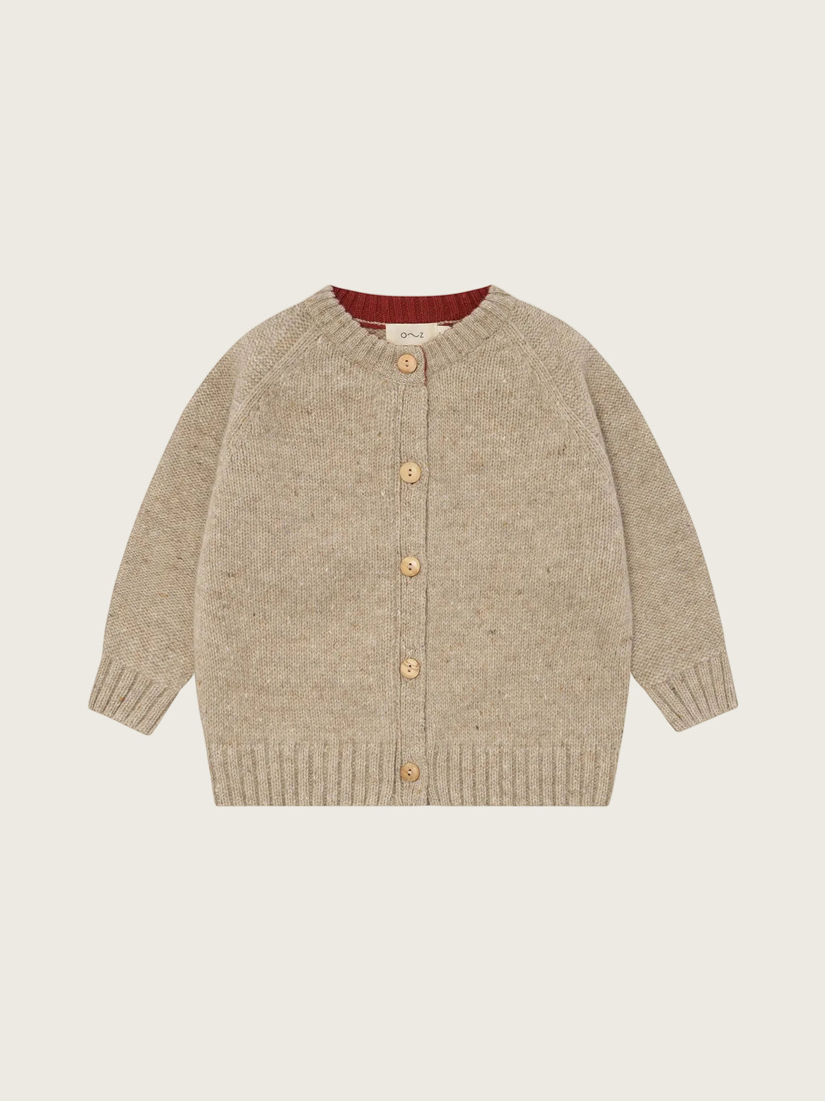 A beige knit cardigan sweater with wooden buttons, shown flat against a solid white background.
