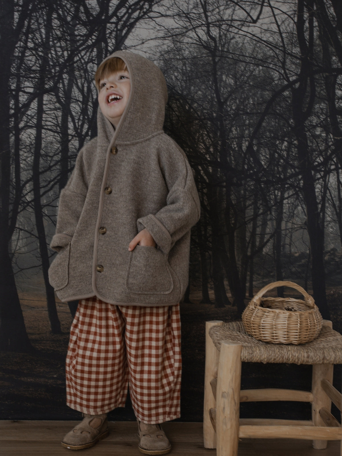 A child wearing a brown hooded jacket and red-and-white gingham pants stands in front of a dark forest backdrop, with a small wooden stool and woven basket beside them.