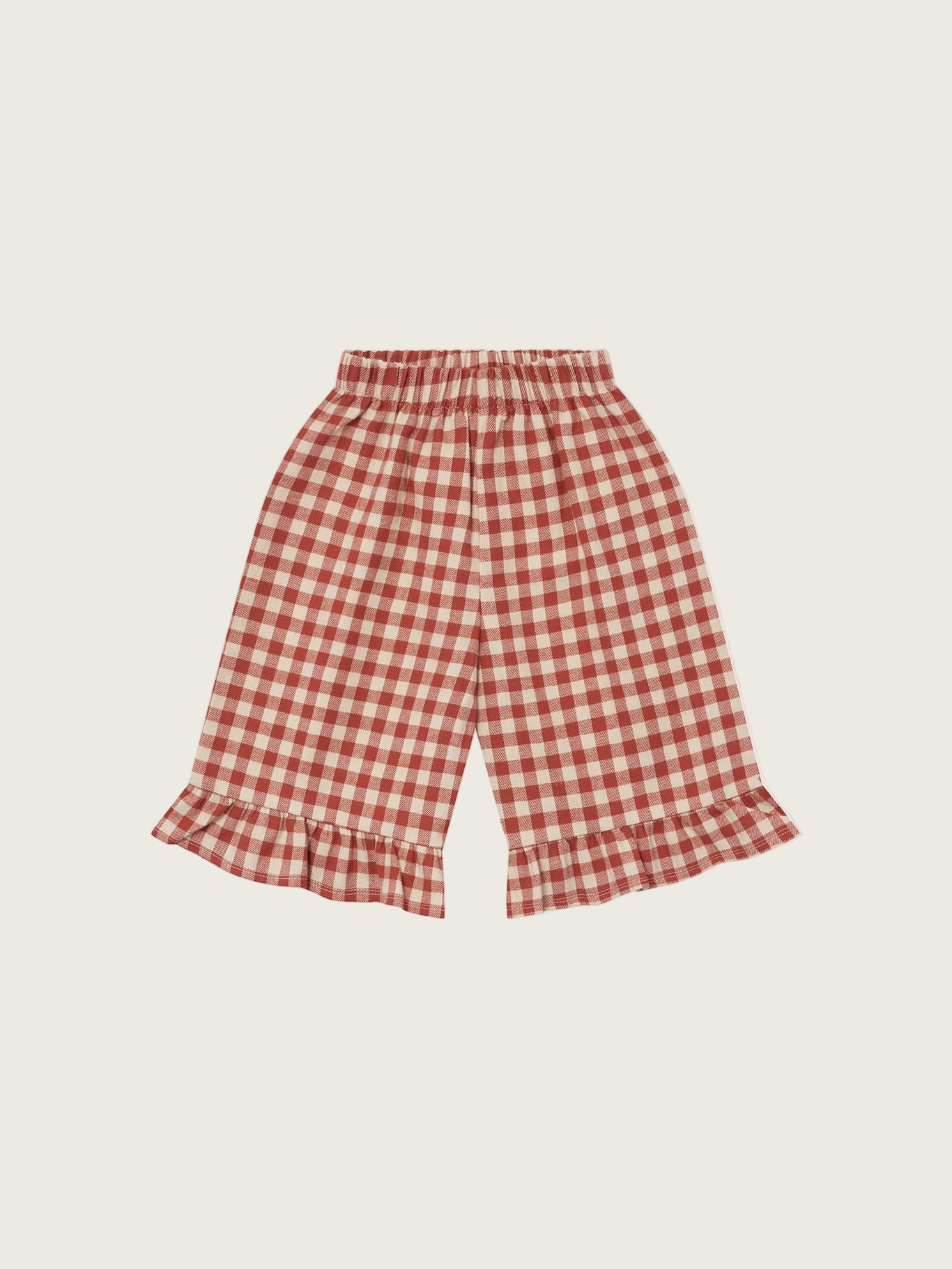 toddler red and cream checkered gingham flannel culottes with frill hems