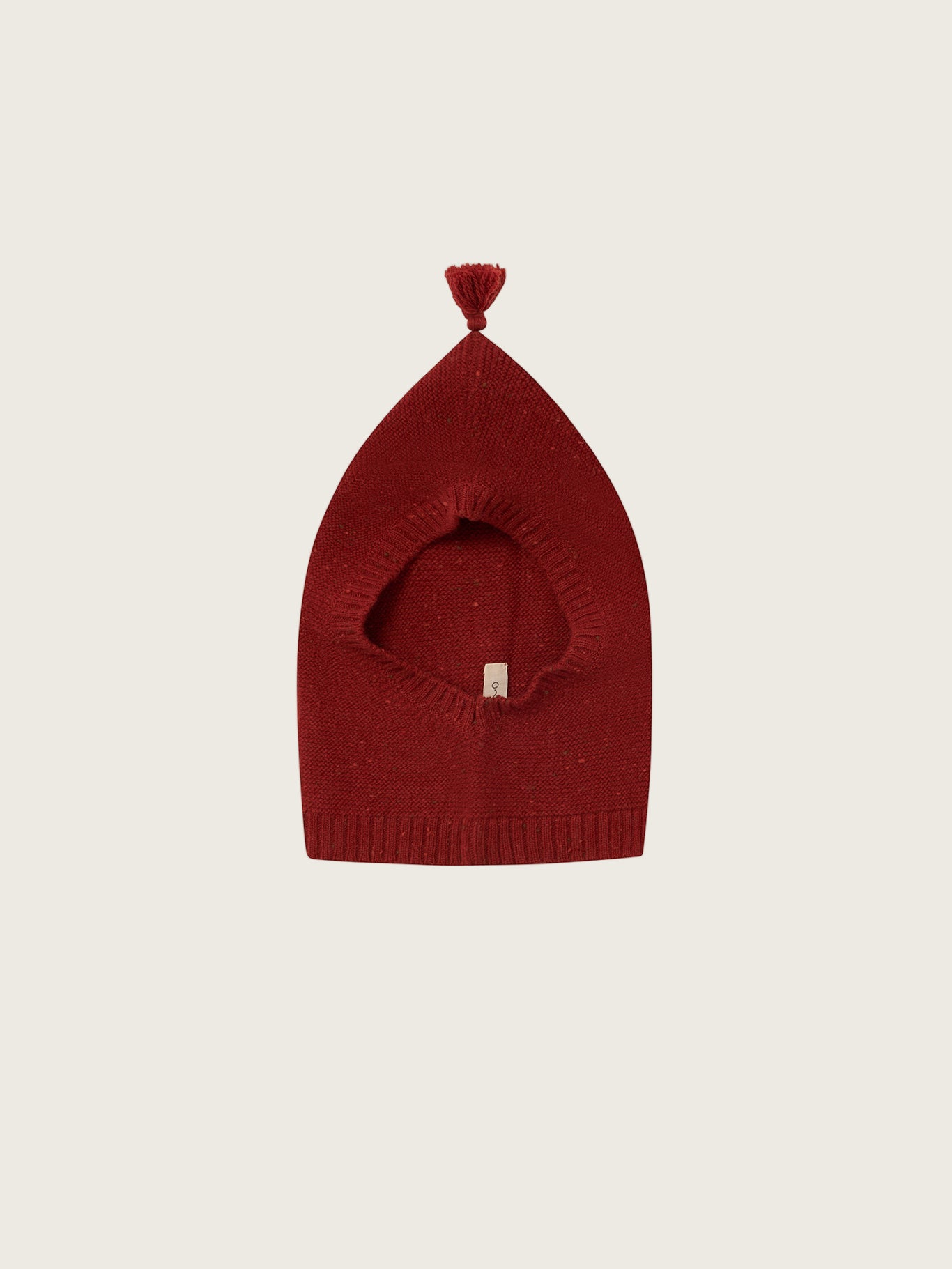 toddler paprika red wool knitted balaclava with ribbed trim and tassel