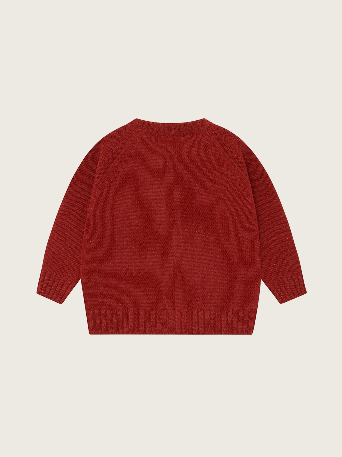 A red knit sweater with long raglan sleeves and ribbed collar, cuffs, and hem, shown from the back on a plain white background.