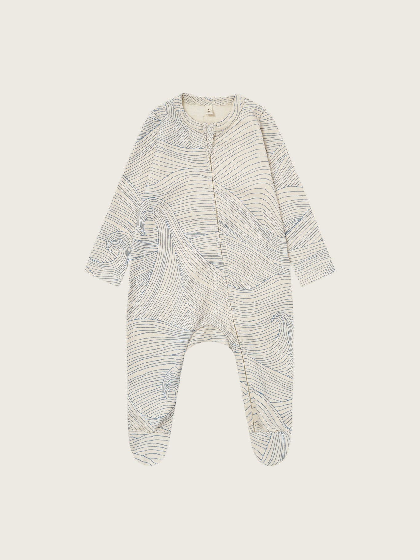 baby cream undyed cotton zip sleepsuit with flowing blue Seascape line-drawn ocean waves