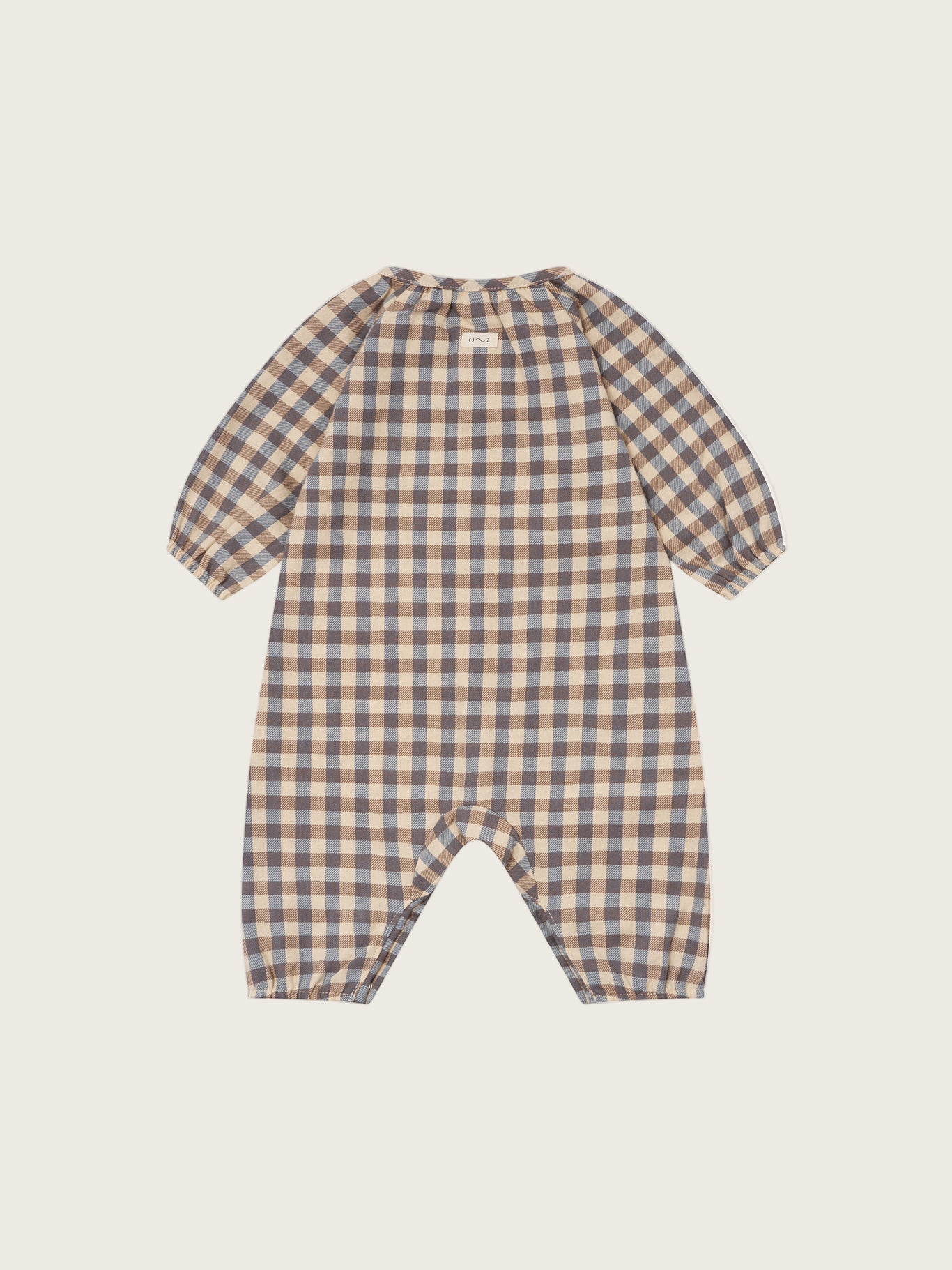 baby and toddler checkered cream and blue gingham flannel onesie with gathered cuffs and crotch poppers