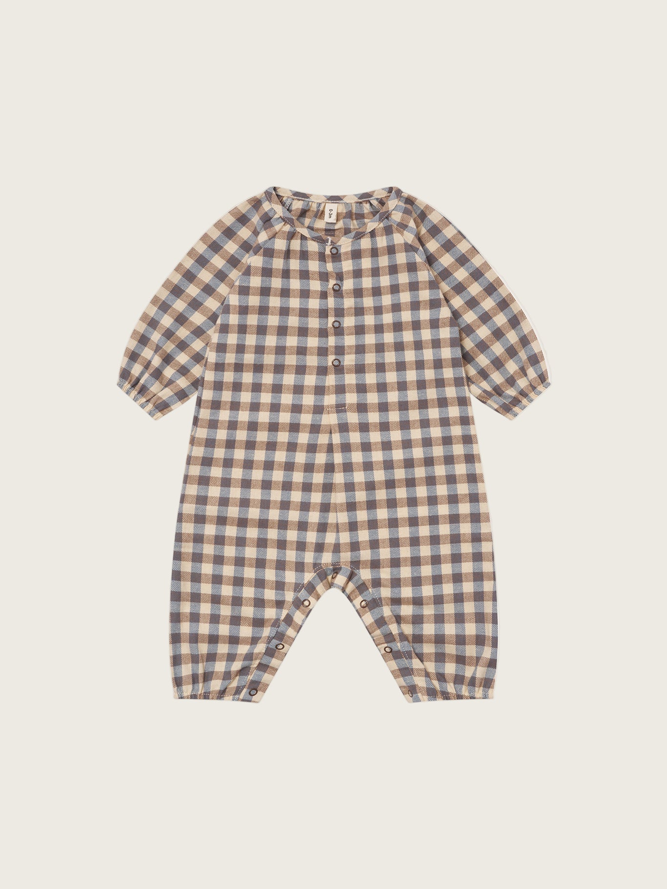 baby and toddler checkered cream and blue gingham flannel onesie with gathered cuffs and crotch poppers