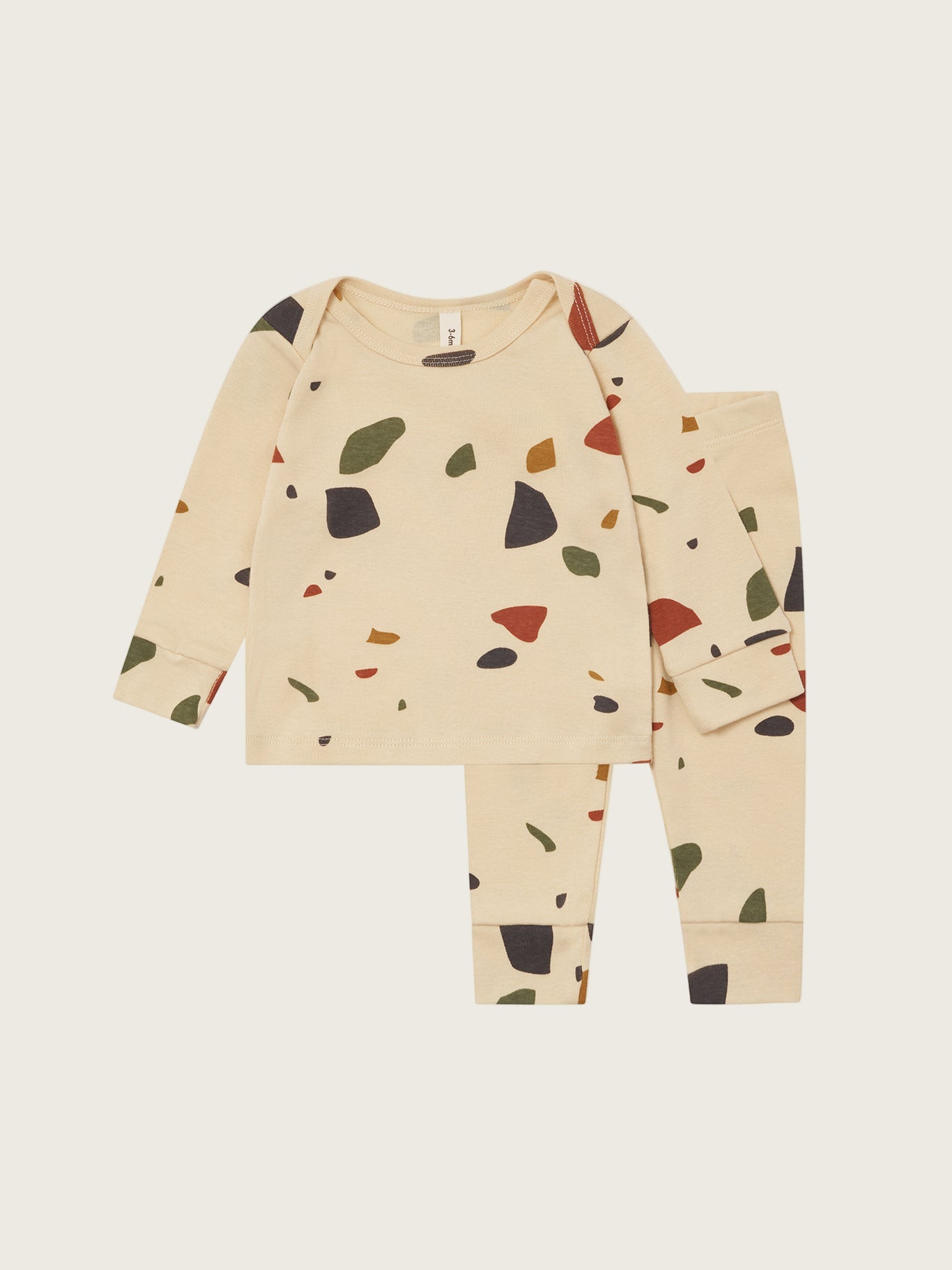 baby & toddler cream ribbed cotton base layer set in terrazzo print with long-sleeved top & leggings