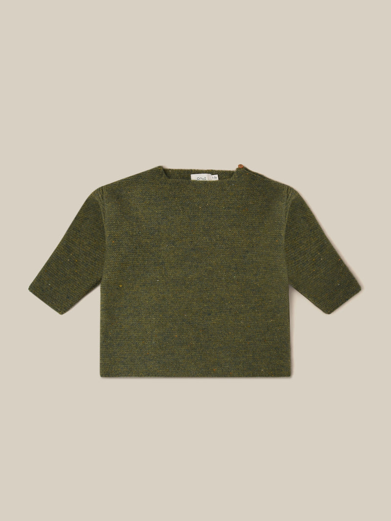 toddler wool jumper in green with button on left shoulder