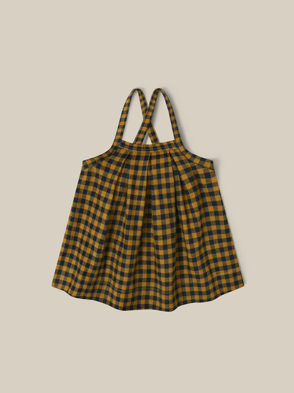 toddler checkered navy and yellow gingham apron-style flannel skirt with adjustable straps