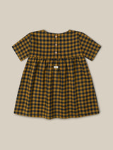 toddler checkered navy & yellow gingham flannel dress with gathered waist & three buttons at the back