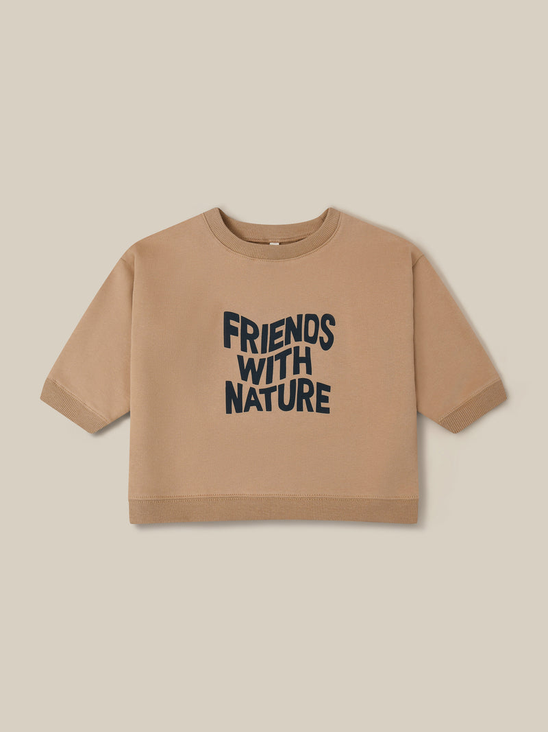 toddler brown sweater with FRIENDS WITH NATURE in wavy text across the front