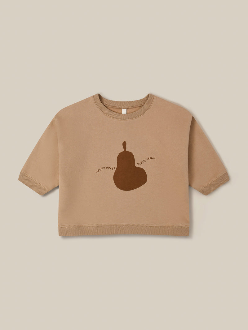 toddler terry cotton sweatshirt in brown with pear FRESHLY PICKED LOCALLY GROWN text