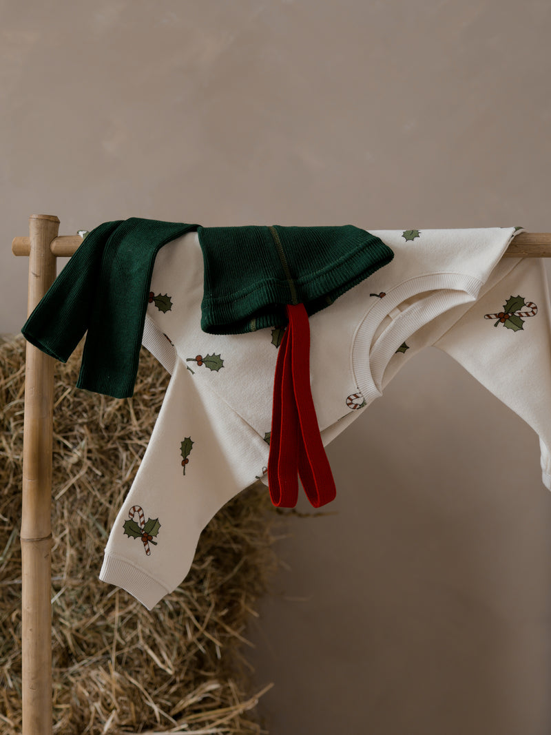 toddler christmas holly & candy cane organic sweatshirt & tights hanging on rack