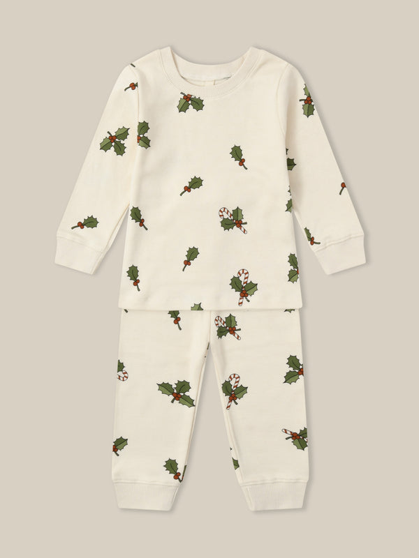 toddler cream organic jersey pyjamas set with holly & candy cane prints