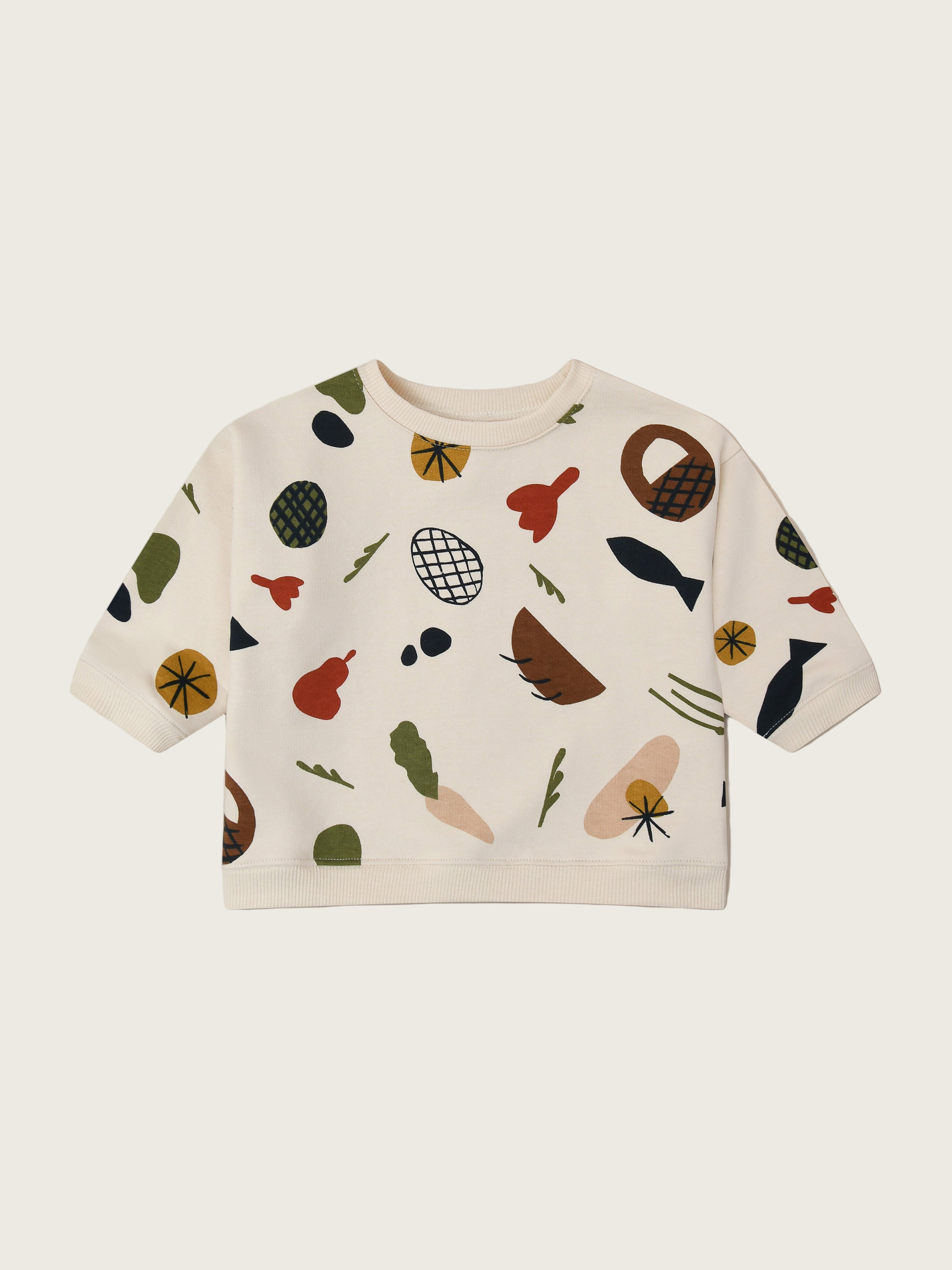 toddler undyed cotton cream sweatshirt with fruits vegetables & basket prints