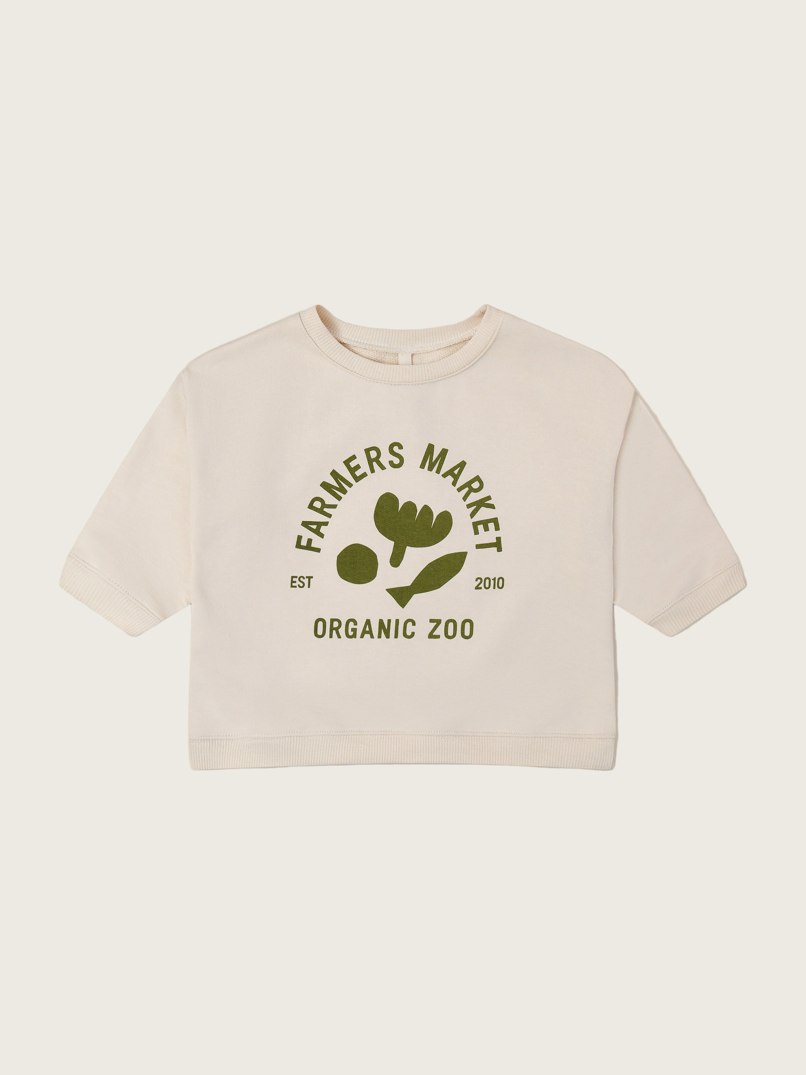toddler sweatshirt in cream with green ORGANIC ZOO FARMERS MARKET logo & prints