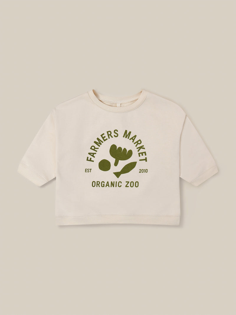 toddler sweatshirt in cream with green ORGANIC ZOO FARMERS MARKET logo & prints