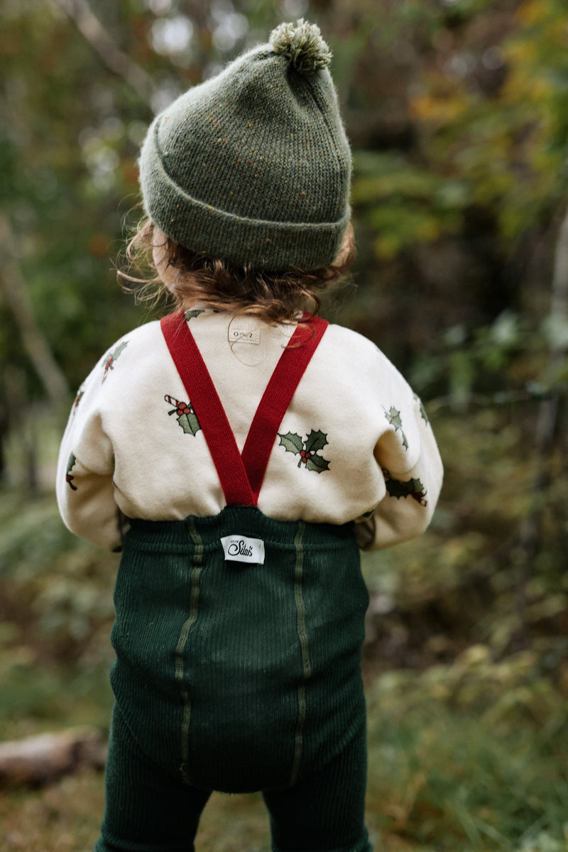 toddler in christmas holly & candy cane sweatshirt with green tights with braces beanie in forest 