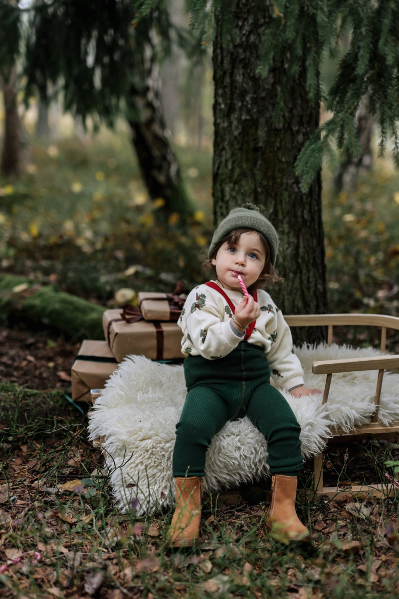 toddler with candy in christmas holly & candy cane sweatshirt with green tights with braces beanie in forest 