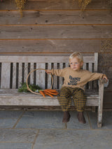 toddler in sweater with FRIENDS WITH NATURE text & gingham pants & brown boots holding wicker basket with carrots