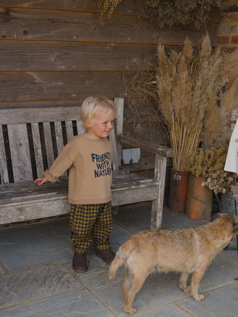 toddler in sweater with FRIENDS WITH NATURE text & checkered flannel pants standing beside brown dog