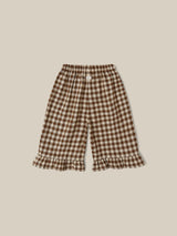 toddler brown and white checkered gingham culottes with frill hems