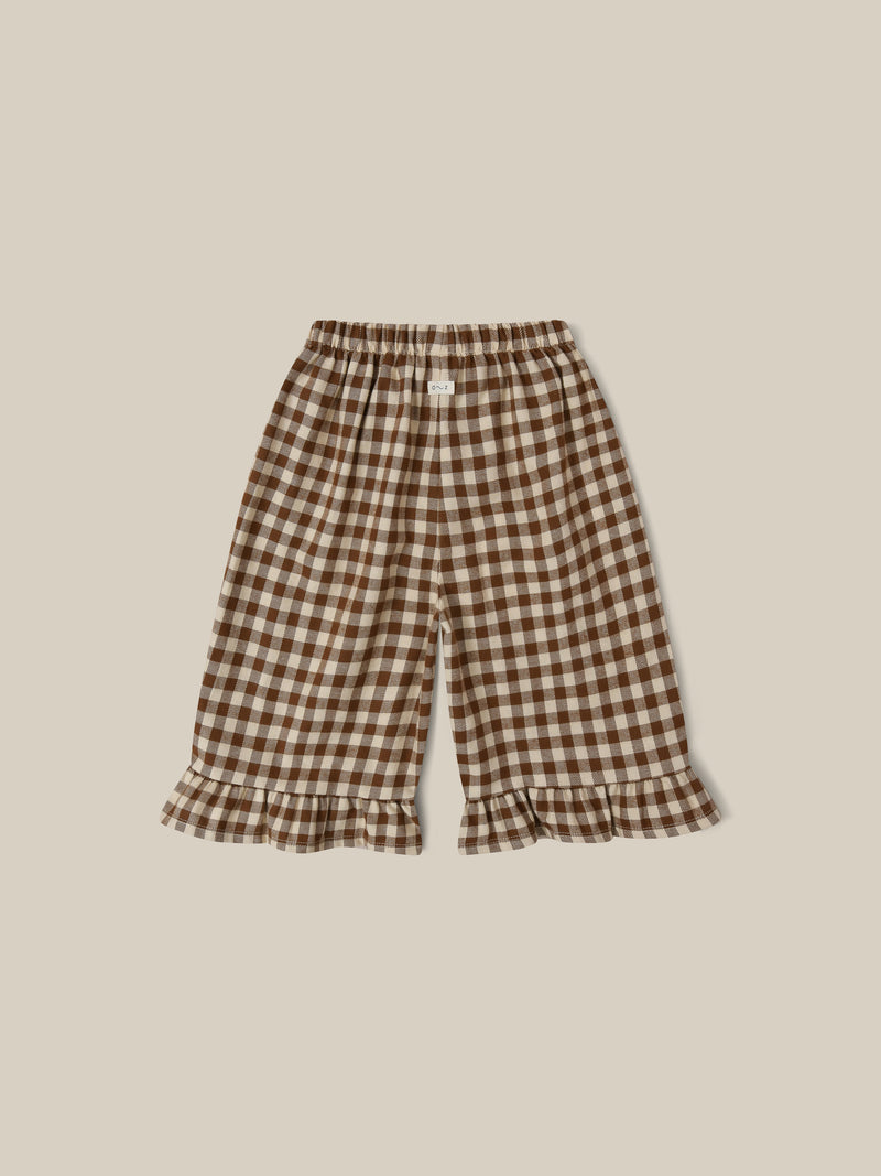 toddler brown and white checkered gingham culottes with frill hems