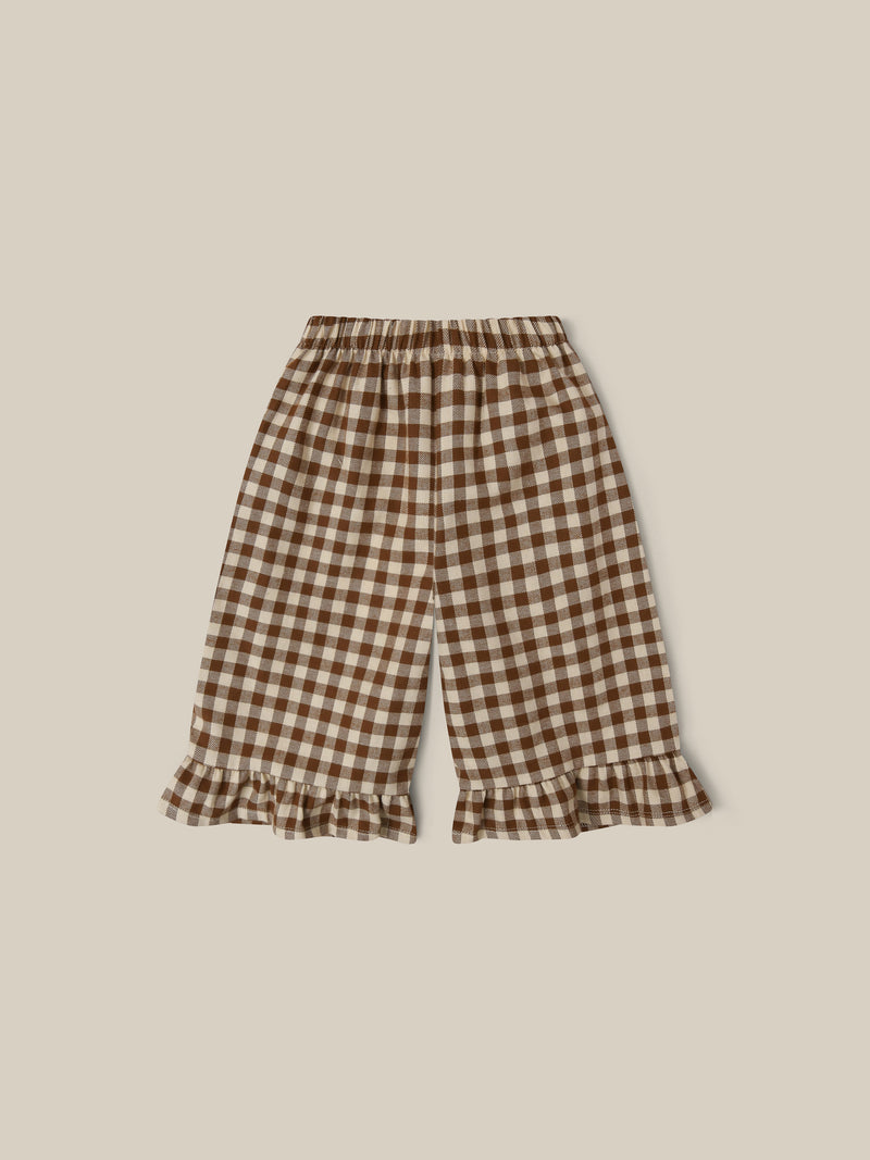 toddler brown and white checkered gingham culottes with frill hems