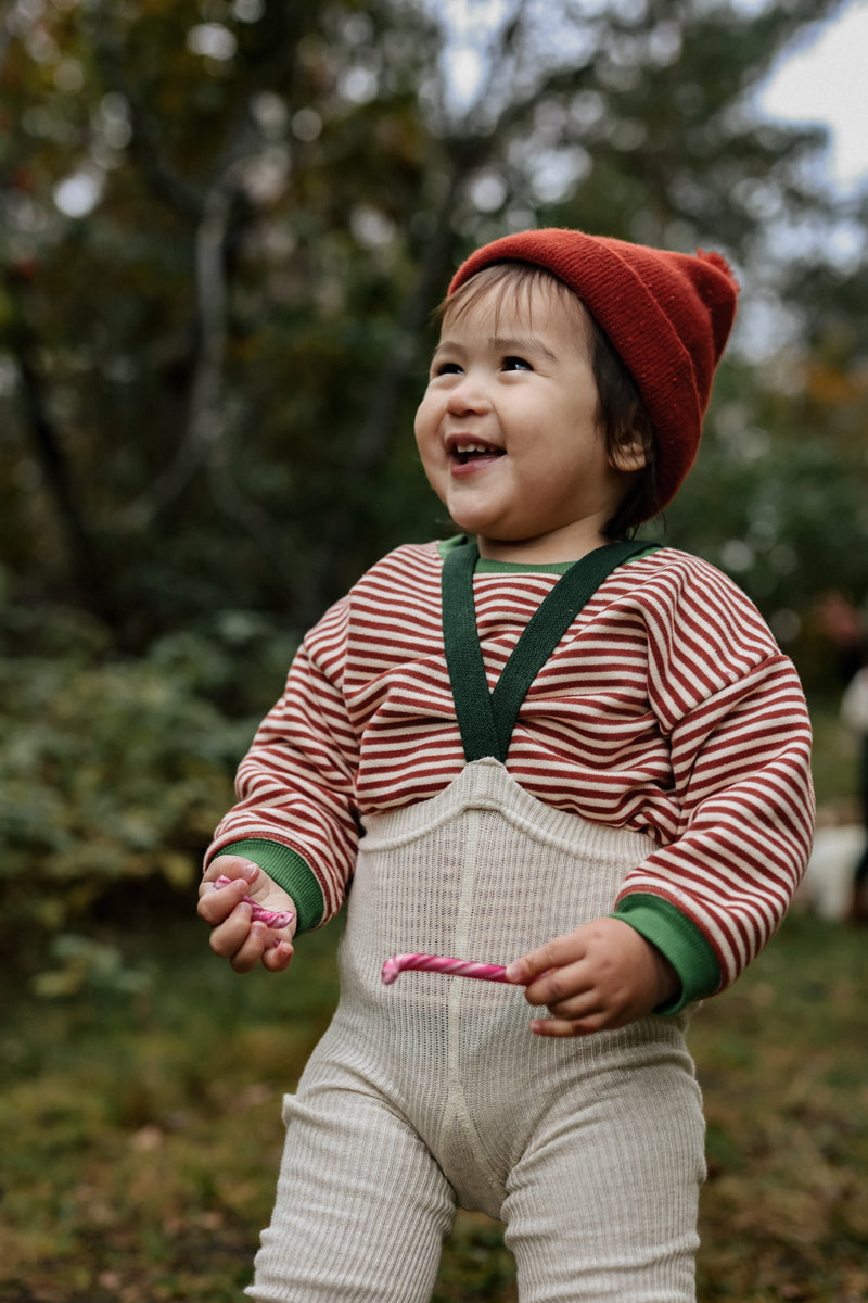 toddler in red stripes sweatshirt with green trims & oat tights with green braces holding candy