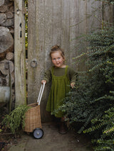 toddler in apron-style skirt in pea pod green & sweatshirt pushing rattan trolley with carrots