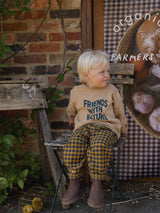 toddler dressed in brown sweater with wavy text & gingham pants sitting on wooden chair at farmers market