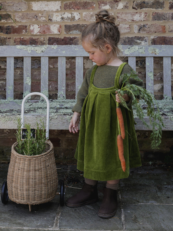 toddler in cotton cord apron-style skirt in pea pod green & sweatshirt holding carrots standing beside trolley