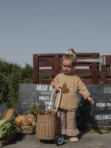 toddler in brown gingham culottes with frill hems & brown sweatshirt with fresh produce in rattan trolley