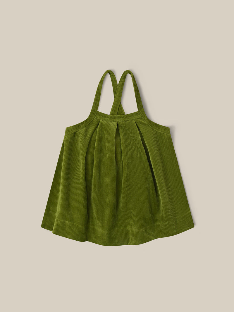 toddler cotton cord apron-style skirt in pea pod green with adjustable straps