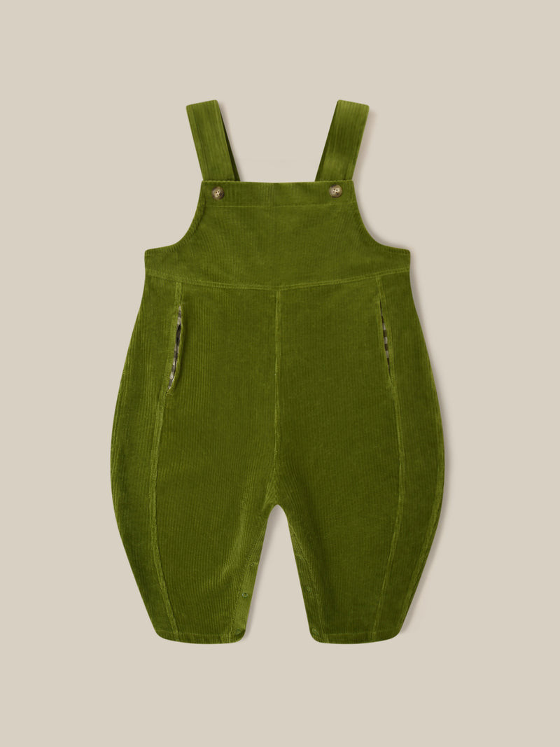 toddler cotton cord oversized farmers dungarees in green with buttons & side in-seam pockets with gingham finish