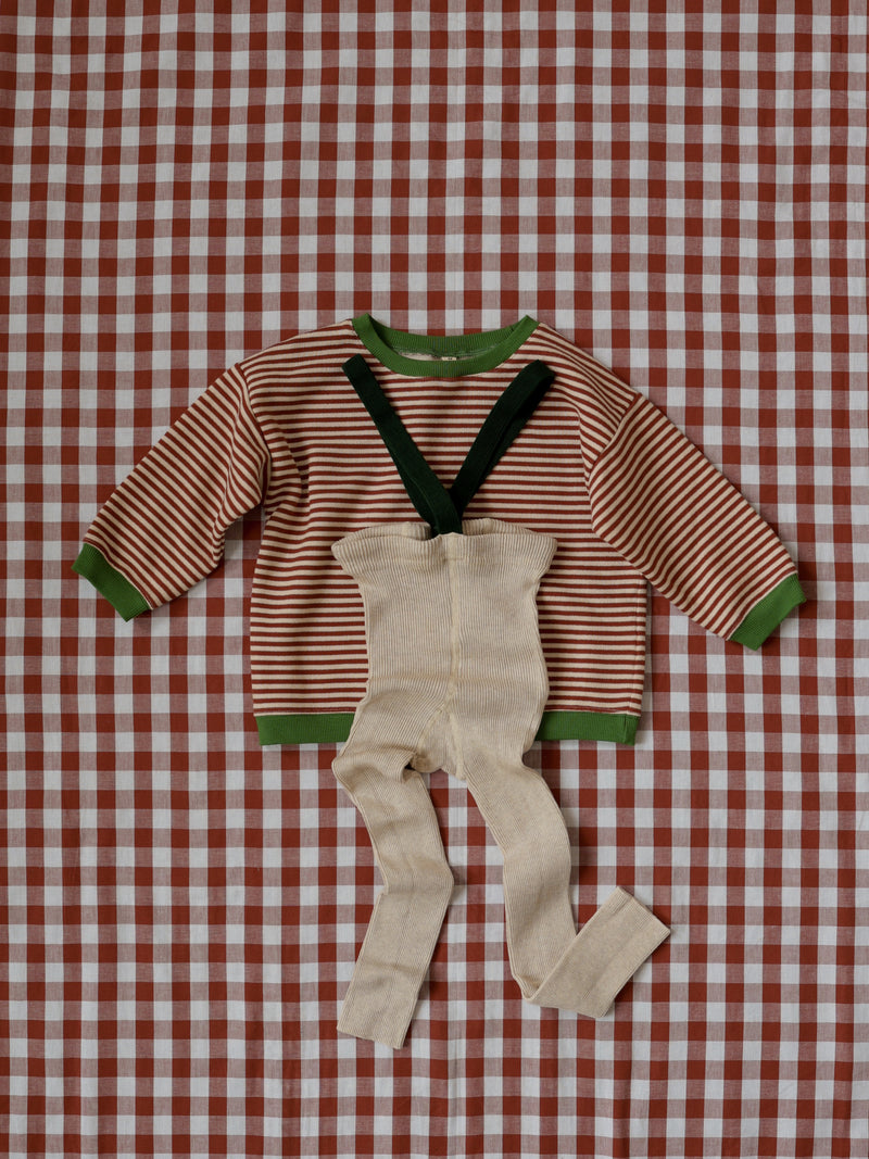 flat lay of christmas red stripes sweatshirt with green trims oat tights with braces on gingham background