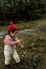 toddler in red stripes sweatshirt with green trims & oat tights with black braces holding red berry branch