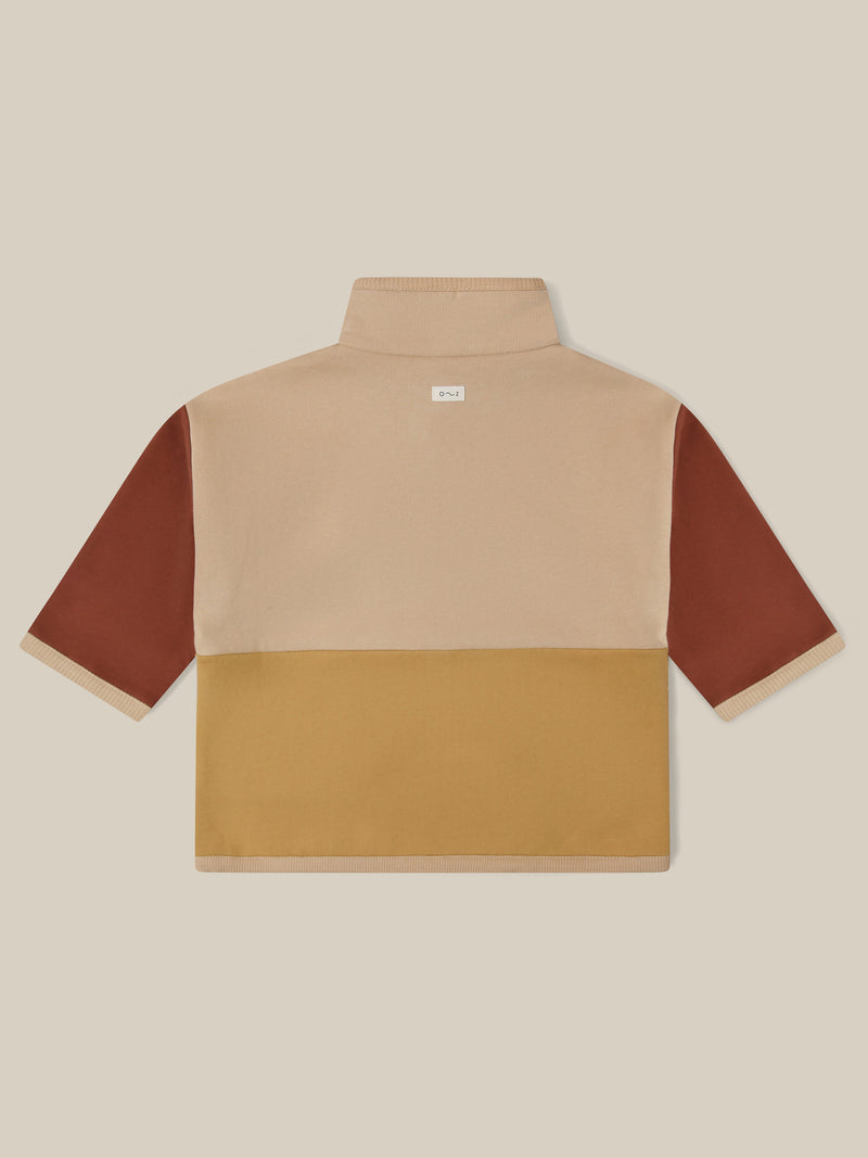 toddler terry cotton colour block beige sweater with brown and dark yellow details and front poppers