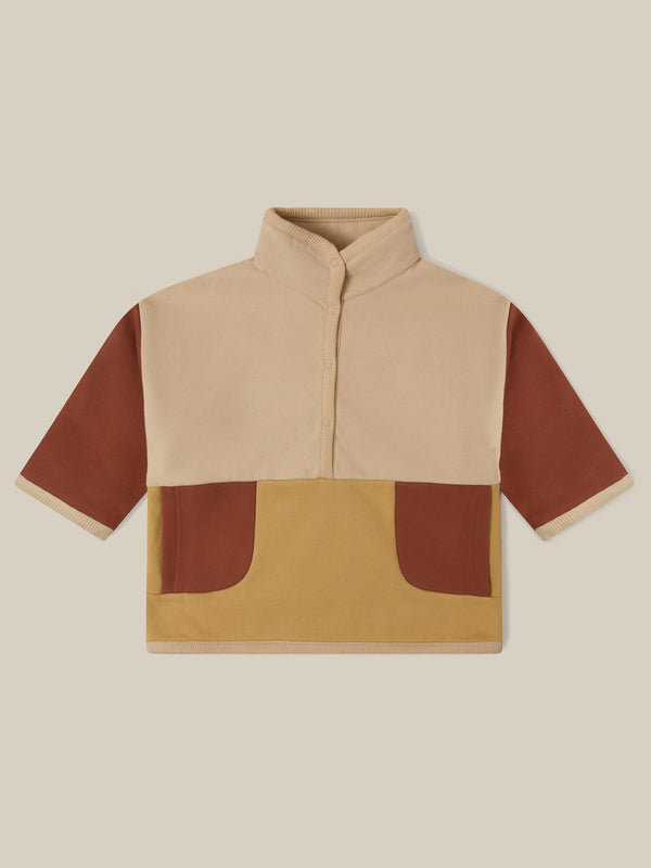 toddler terry cotton colour block beige sweater with brown and dark yellow details and front poppers